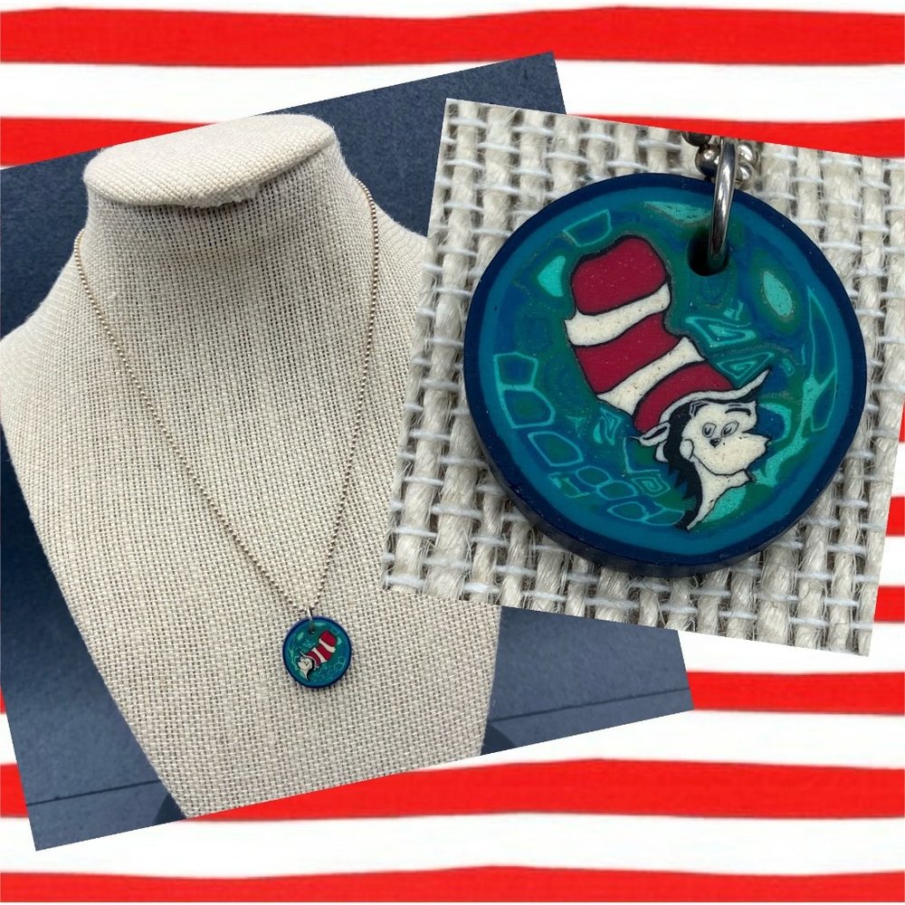 Cat In The Hat Pendant Necklace 16 In Polymer Clay Dr Seuss Read Across America